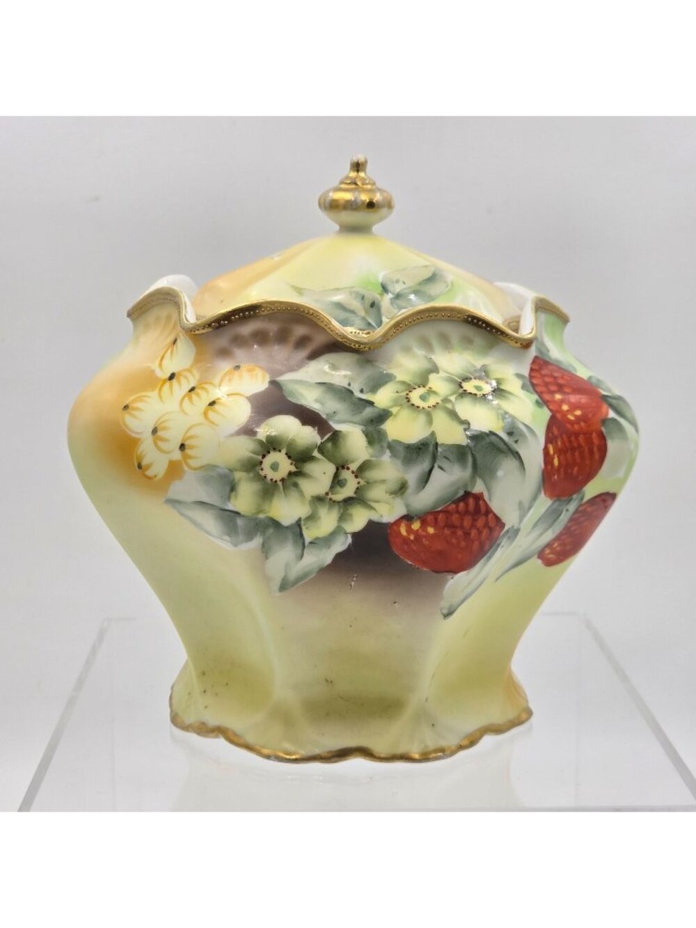 Antique Nippon Biscuit Jar Hand Painted Raspberries Gooseberries w/ Lid Japan